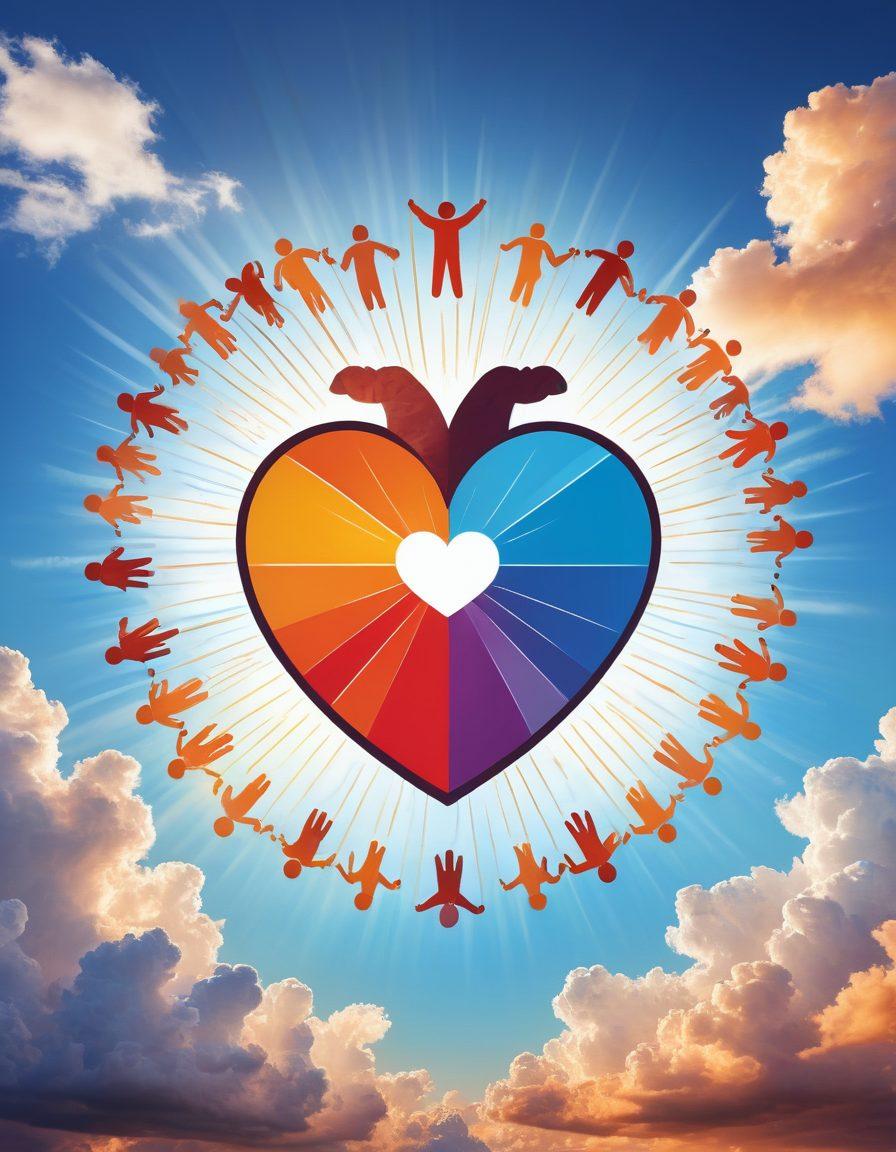 A dynamic illustration depicting a vibrant heart symbol at the center, radiating rays of love and support towards various icons representing risk management (like a shield, a check mark, and a graph). Surround the heart with diverse hands in different skin tones reaching out to form a supportive circle. Include a backdrop of soft clouds and blue skies to convey positivity. The overall tone should be warm and inviting, symbolizing the transformation of emotions into practical solutions. vibrant colors. super-realistic.