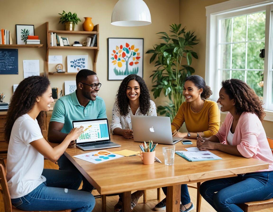 A diverse group of friends gathered around a table, collaborating on financial plans with charts and laptops open, showcasing their strong relationships. The scene captures warmth and trust, with smiles and animated discussions. In the background, elements of a thriving community such as greenery and homes can be subtly seen. soft-focus. vibrant colors.