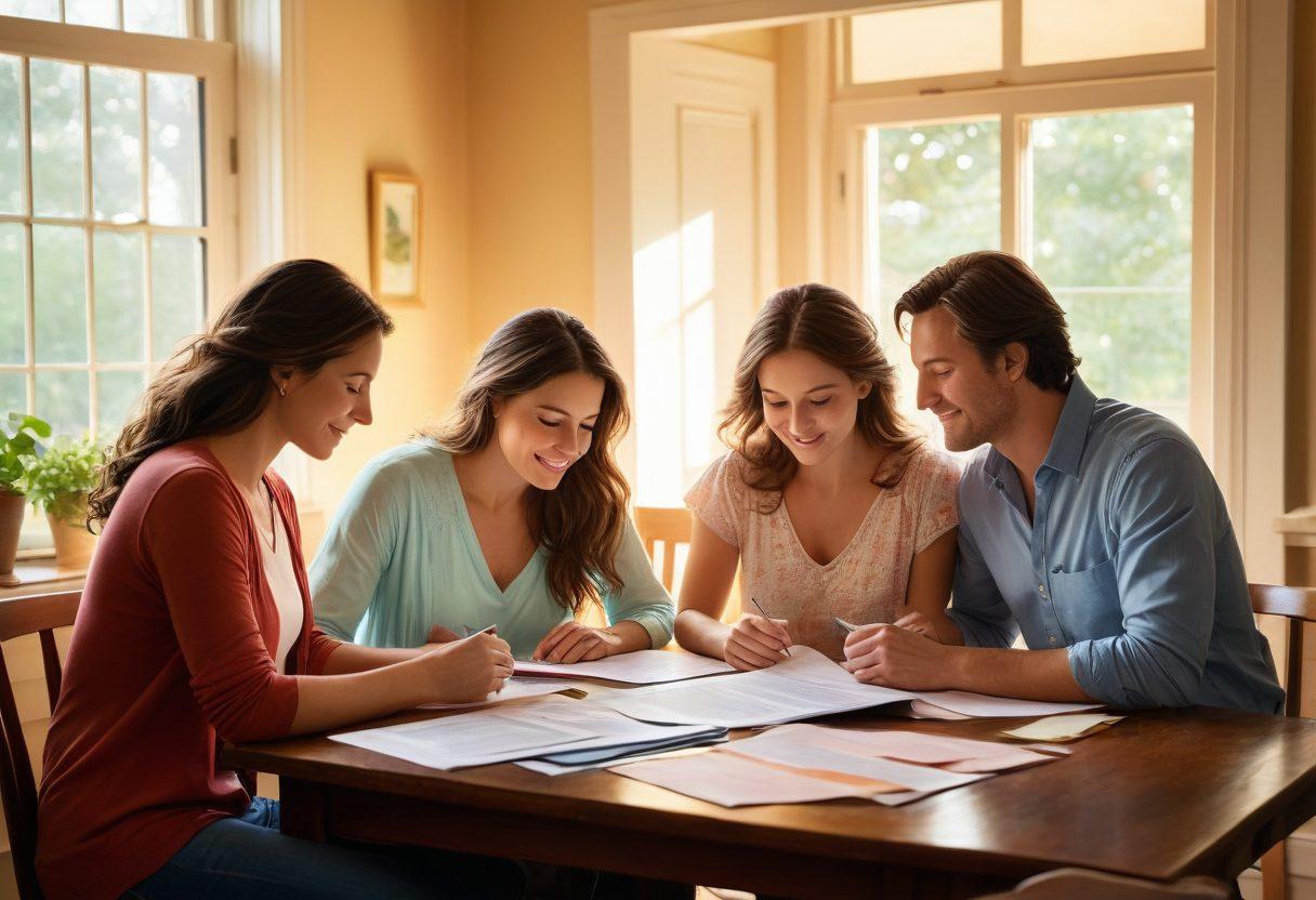 A warm, inviting scene depicting a family sitting together at a dining table surrounded by insurance documents, a loving embrace, and warm sunlight streaming through the window. Include symbolic elements like a heart and a shield representing love and protection intertwined. The atmosphere should convey a sense of security, trust, and unity. painting. vibrant colors. soft focus.